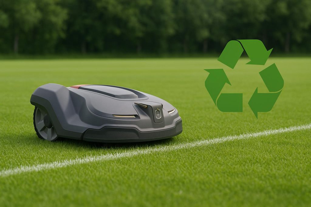 Robotic mower maintaining sports field, promoting sustainability and eco-friendly lawn care