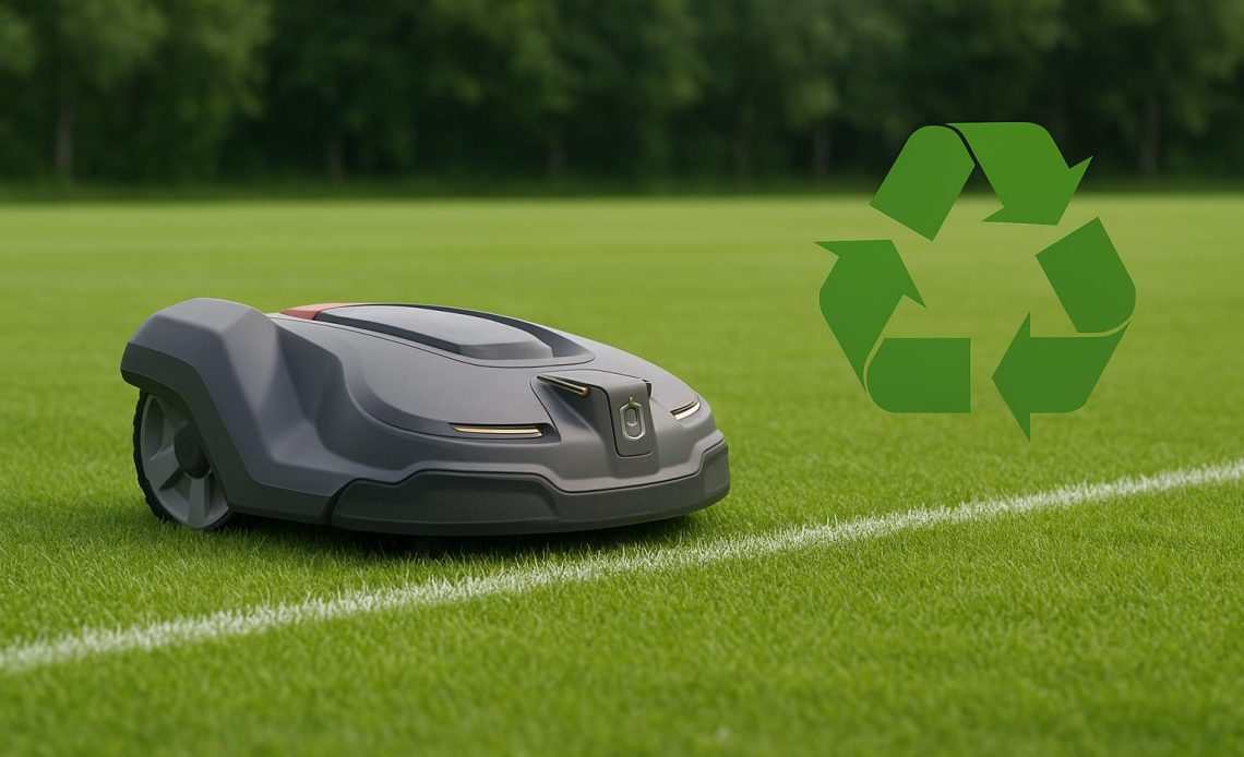 Robotic mower maintaining sports field, promoting sustainability and eco-friendly lawn care