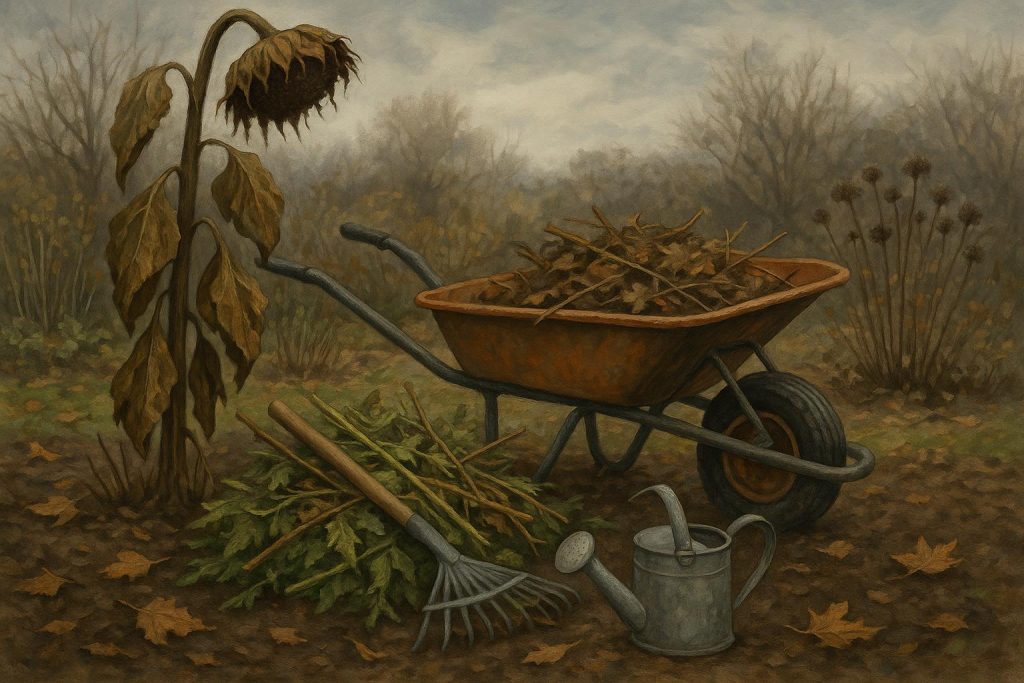 Garden bed with fallen leaves, perennials, and trimmed branches ready for winter preparation