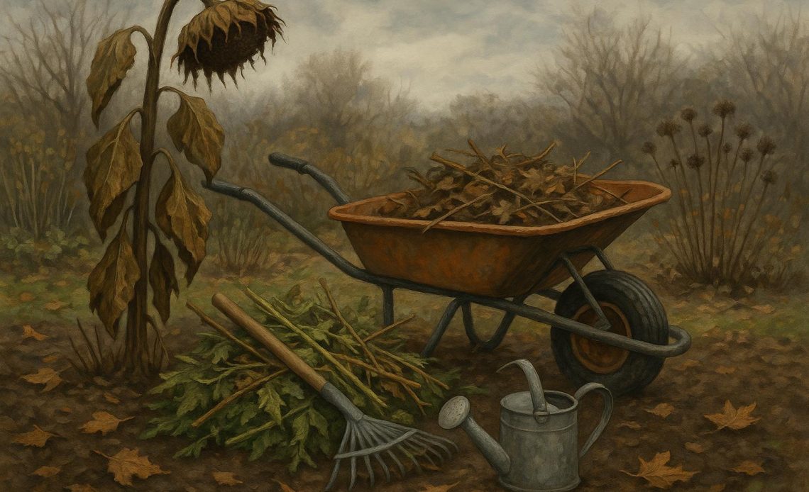 Garden bed with fallen leaves, perennials, and trimmed branches ready for winter preparation