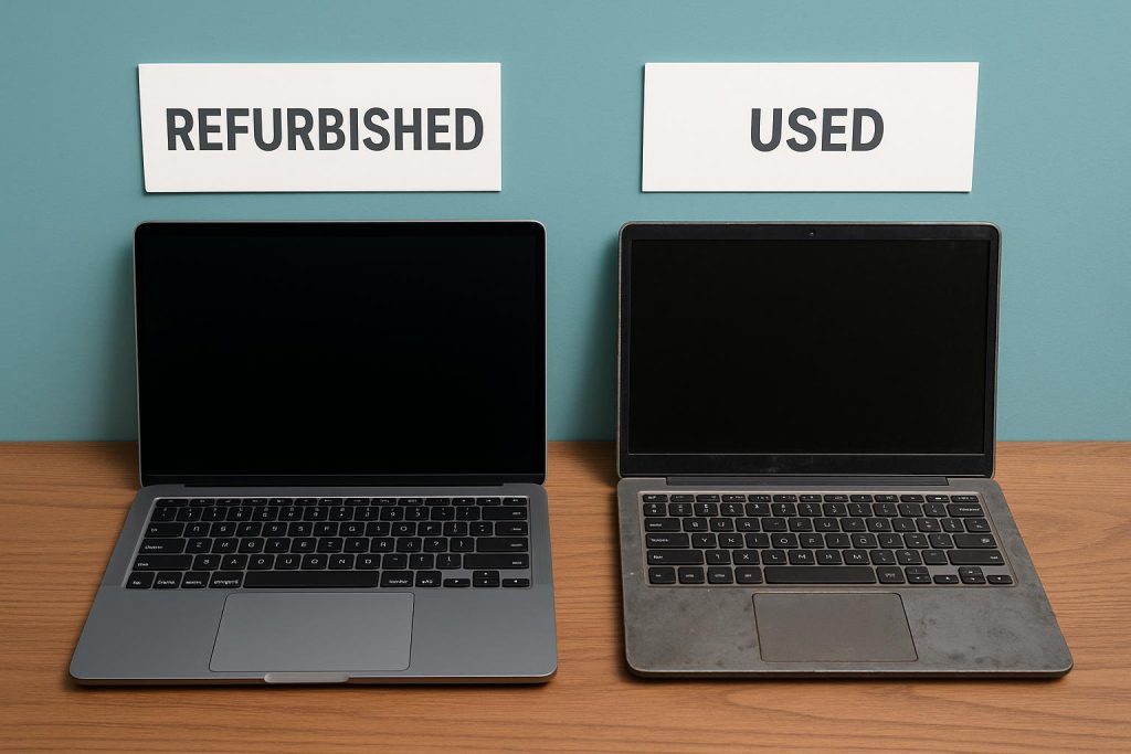 Close-up of refurbished electronic device with quality assurance tag, highlighting product renewal