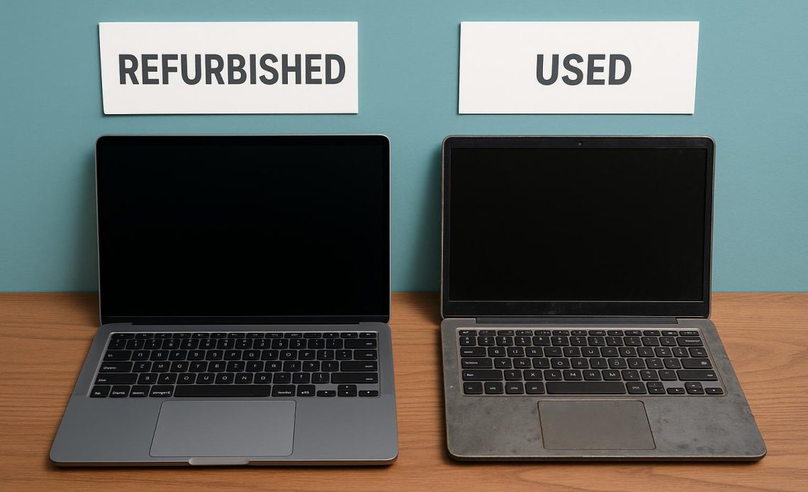 Close-up of refurbished electronic device with quality assurance tag, highlighting product renewal