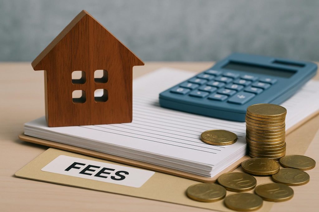 Bank documents and calculator illustrating home loan processing fees and financial paperwork
