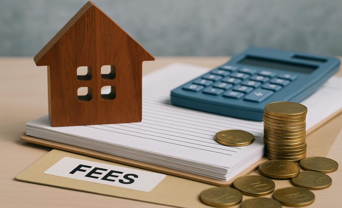 Bank documents and calculator illustrating home loan processing fees and financial paperwork