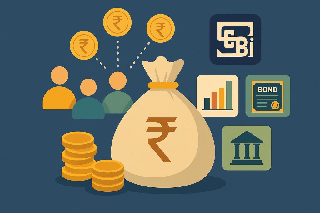 Stacks of coins, mutual fund documents, and SEBI logo representing regulated investment options
