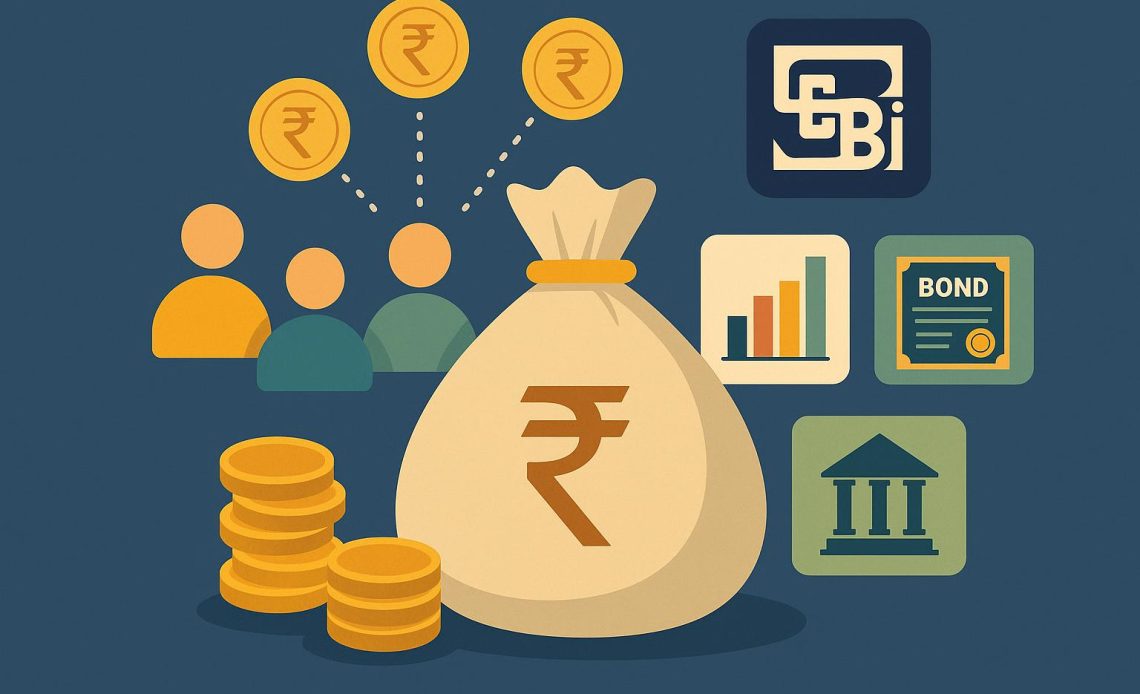 Stacks of coins, mutual fund documents, and SEBI logo representing regulated investment options