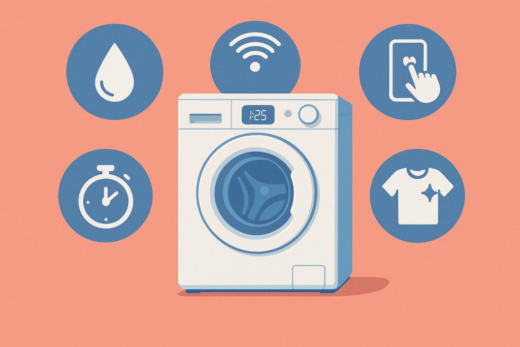 Modern smart washing machine with digital display and control panel in a home laundry room