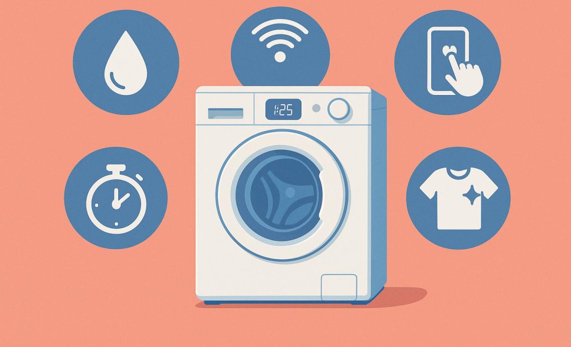 Modern smart washing machine with digital display and control panel in a home laundry room
