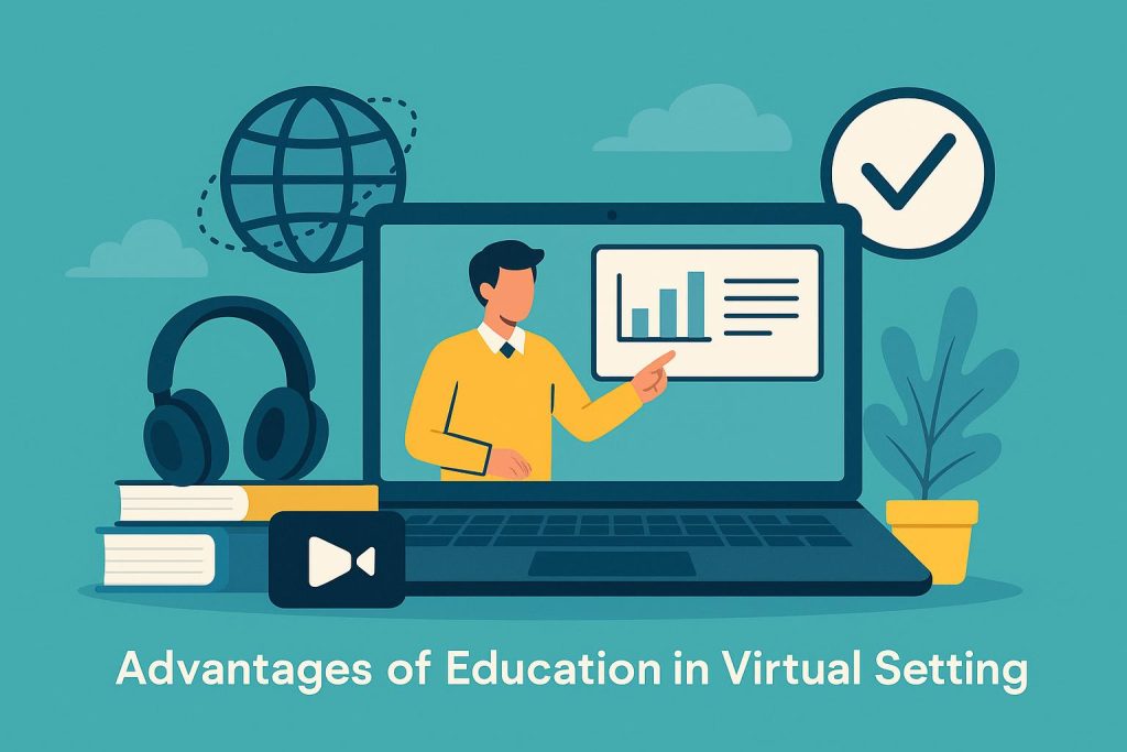 Digital classroom with laptops and online learning tools illustrating virtual education benefits