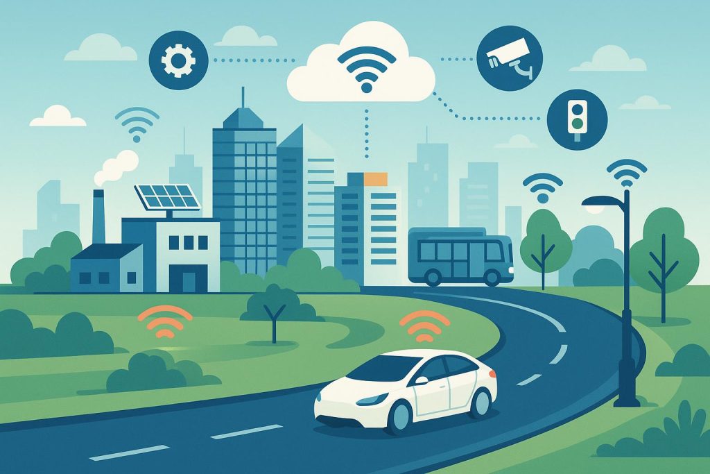 Modern city skyline with smart infrastructure, sustainable buildings, and advanced technology