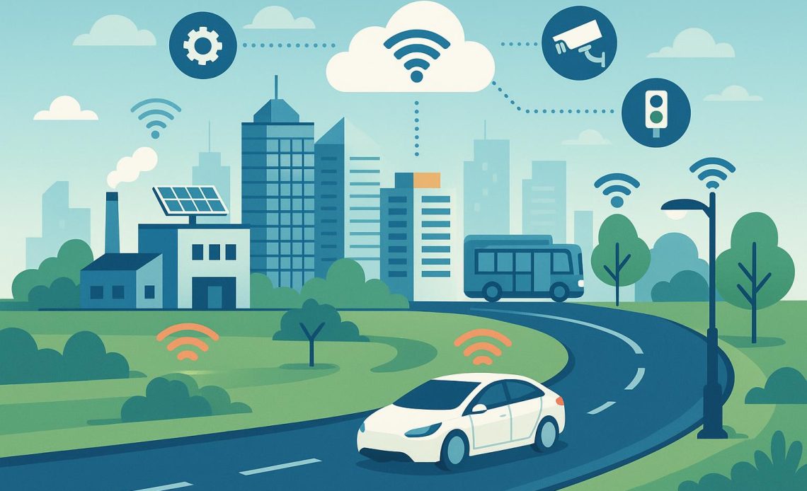 Modern city skyline with smart infrastructure, sustainable buildings, and advanced technology