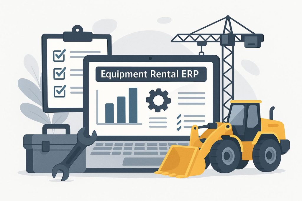 Modern equipment management dashboard illustrating ERP solutions for efficient business rental operations