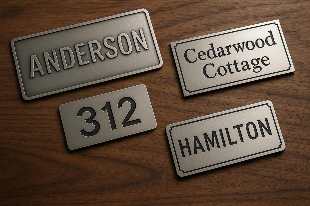 Custom metal nameplates showcased on office doors and walls, enhancing modern interior design