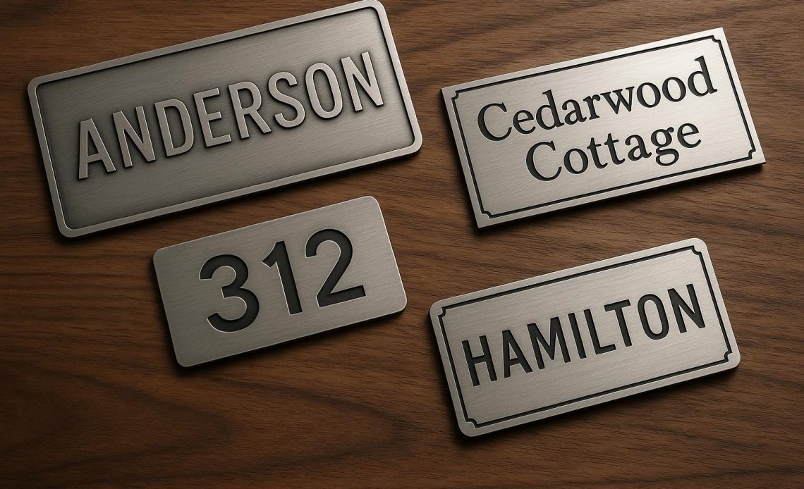 Custom metal nameplates showcased on office doors and walls, enhancing modern interior design