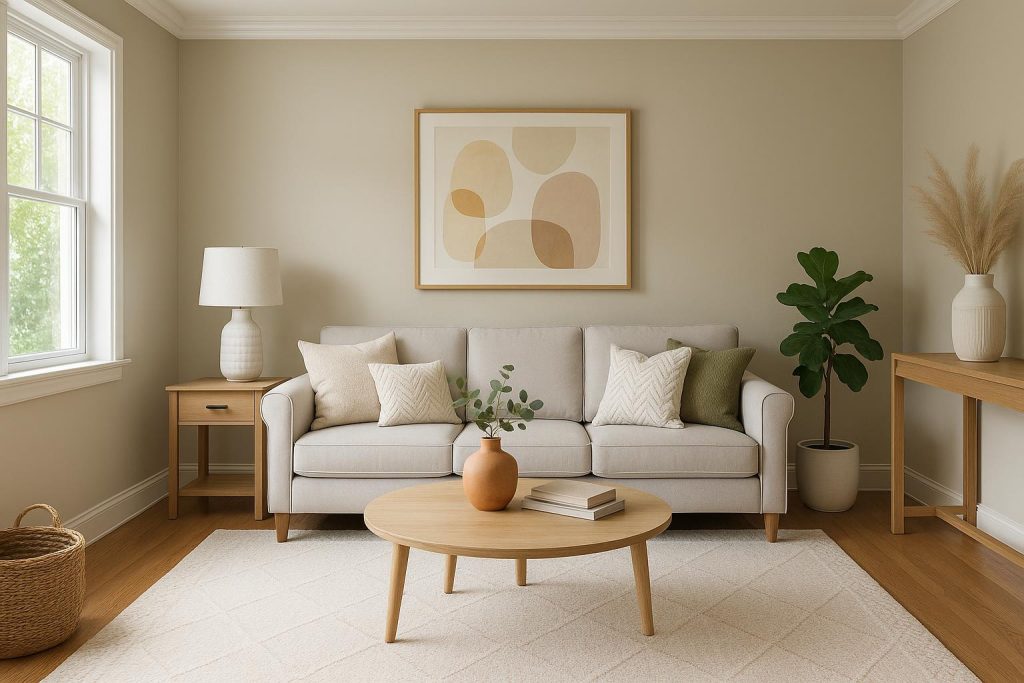 Modern living room with neutral decor, fresh flowers, and stylish accents for home staging appeal
