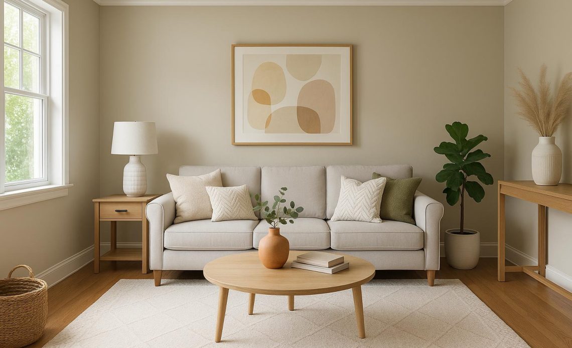 Modern living room with neutral decor, fresh flowers, and stylish accents for home staging appeal