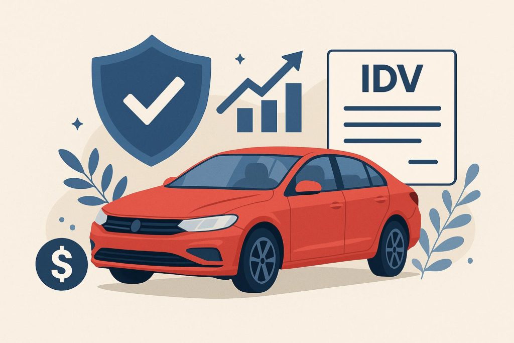 A well-maintained car with insurance documents highlighting high IDV benefits