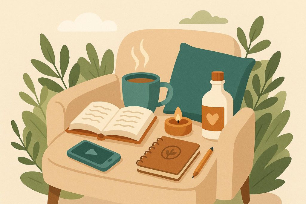 Peaceful workspace with books, plants, and soft lighting promoting introvert self-care strategies