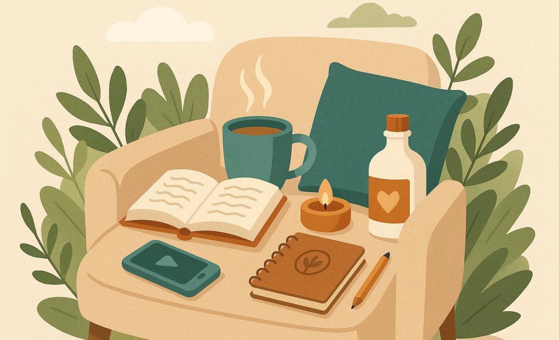 Peaceful workspace with books, plants, and soft lighting promoting introvert self-care strategies