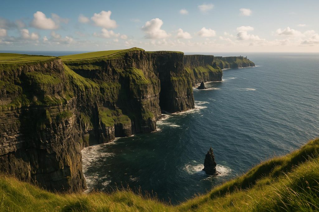 Dramatic view of Ireland’s Atlantic cliffs with rugged coastline and crashing ocean waves