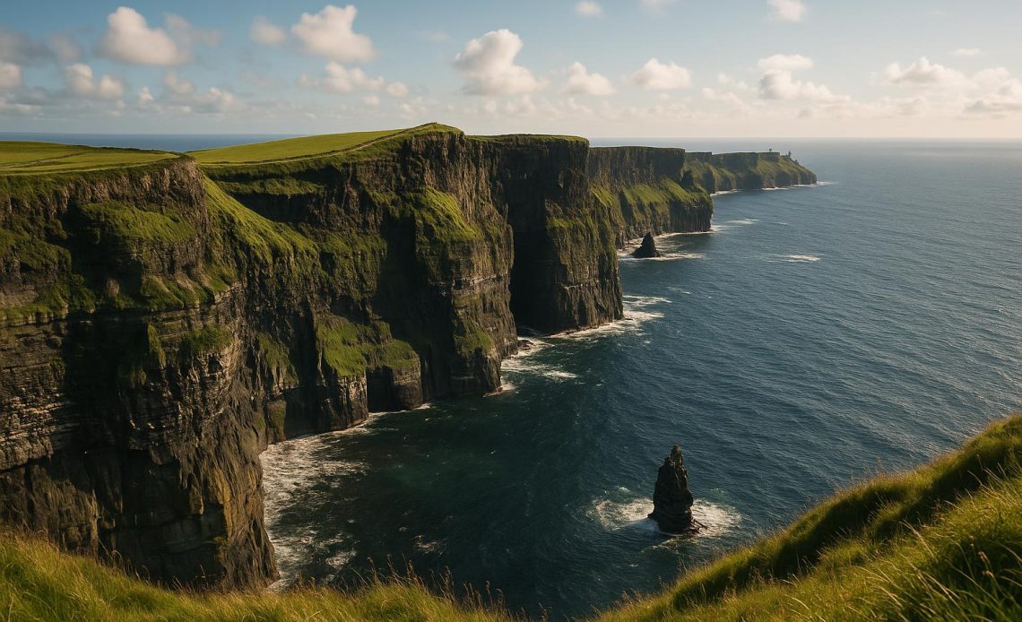 Dramatic view of Ireland’s Atlantic cliffs with rugged coastline and crashing ocean waves