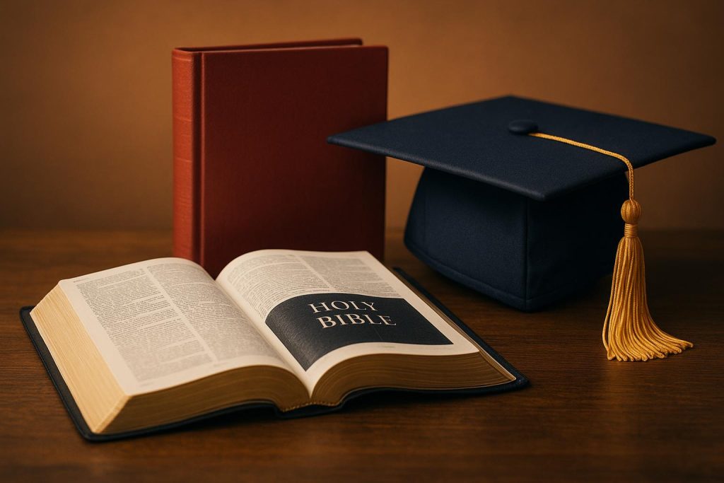 Open Bible and graduation cap symbolizing Christian education and personal growth