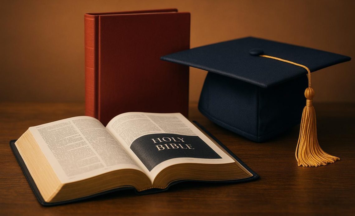Open Bible and graduation cap symbolizing Christian education and personal growth