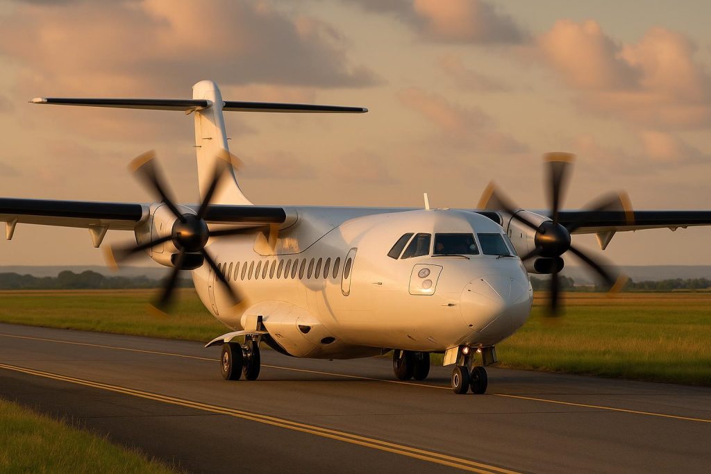 Modern turboprop airplane flying over regional landscape, highlighting efficient regional travel