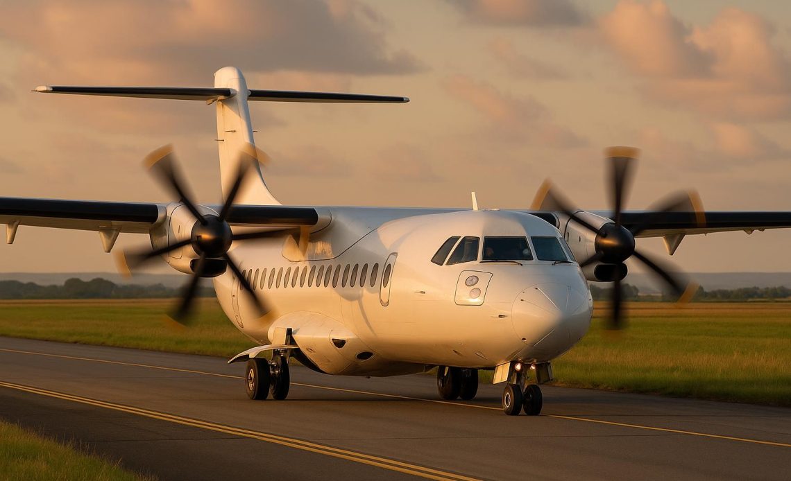 Modern turboprop airplane flying over regional landscape, highlighting efficient regional travel
