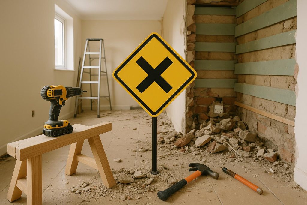 Modern kitchen remodel with unfinished cabinets and exposed wiring illustrating renovation challenges