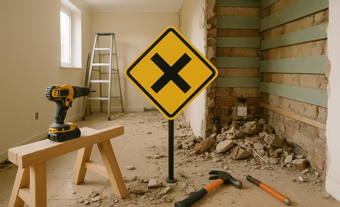 Modern kitchen remodel with unfinished cabinets and exposed wiring illustrating renovation challenges