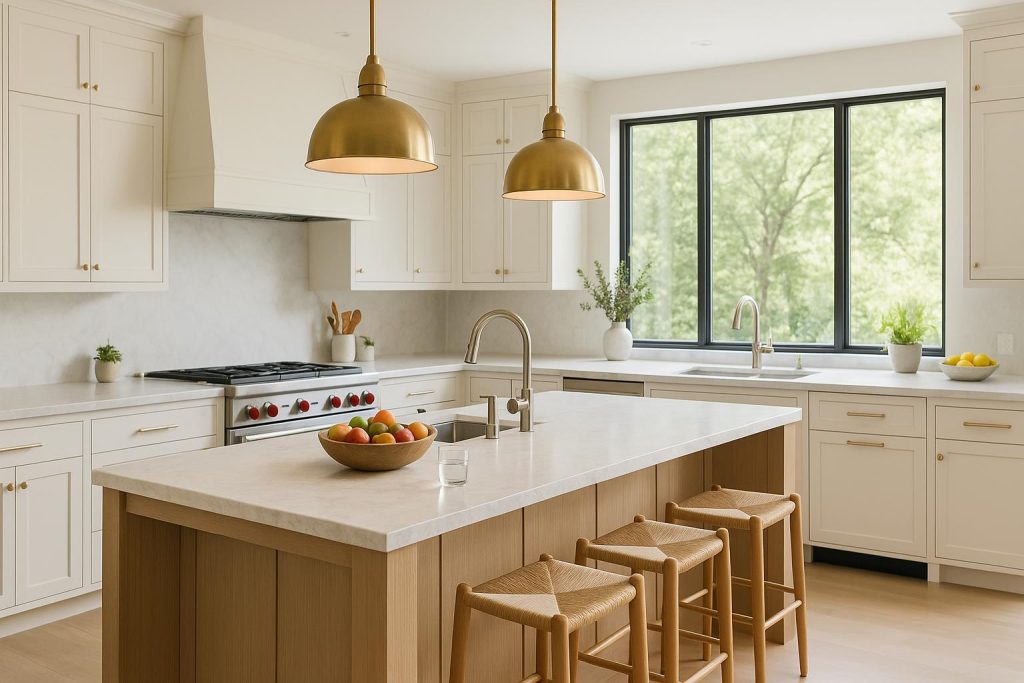 Luxurious modern kitchen with premium appliances and natural light promoting wellness at home