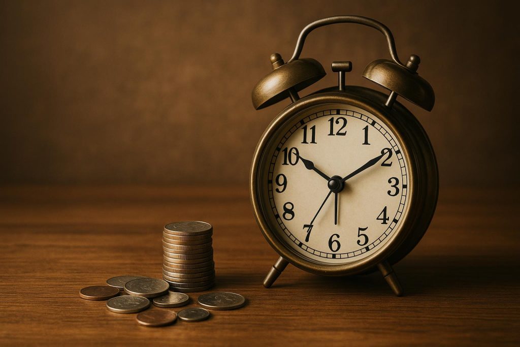 Hourglass and stacked coins symbolizing the value of time as a financial resource and currency