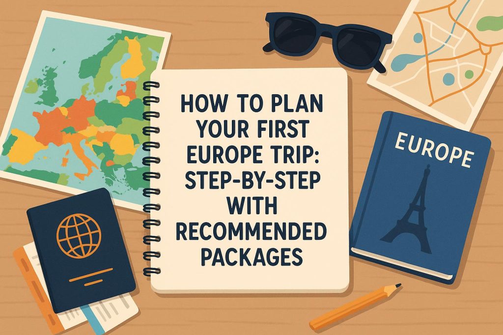 Europe travel planning essentials with map, suitcase, guidebook, and recommended itinerary packages