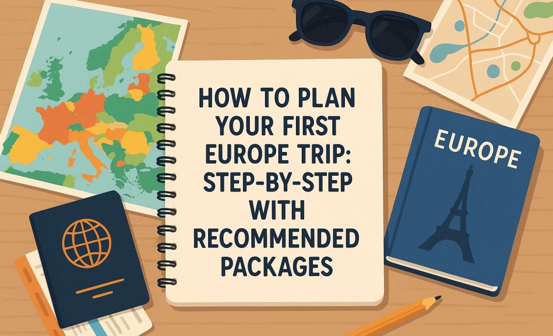 Europe travel planning essentials with map, suitcase, guidebook, and recommended itinerary packages