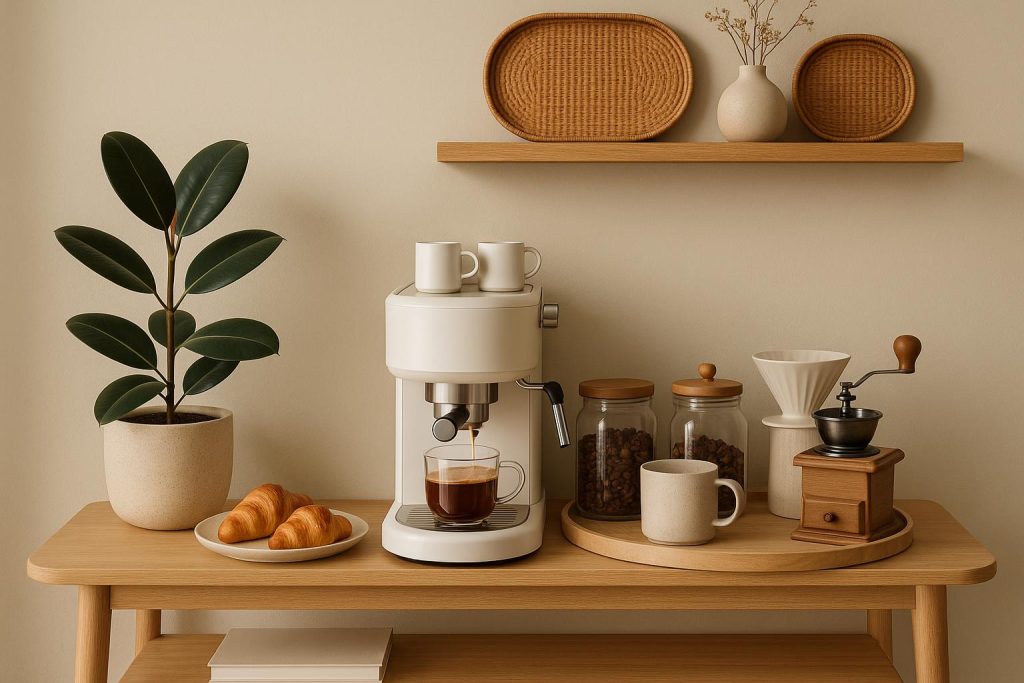 Modern home coffee corner with stylish coffee maker, organized cups, and decorative shelves