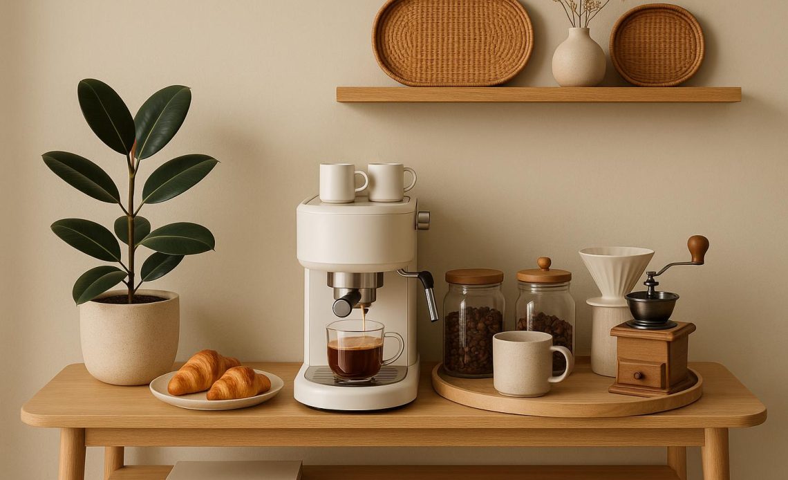 Modern home coffee corner with stylish coffee maker, organized cups, and decorative shelves