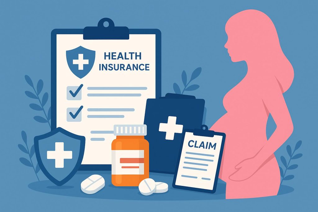 Pregnant woman holding health insurance documents and prenatal vitamins, symbolizing coverage benefits