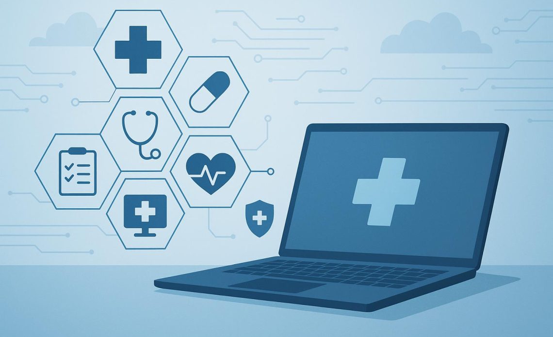 Server racks and digital interface symbolizing advanced IT solutions for healthcare enterprises