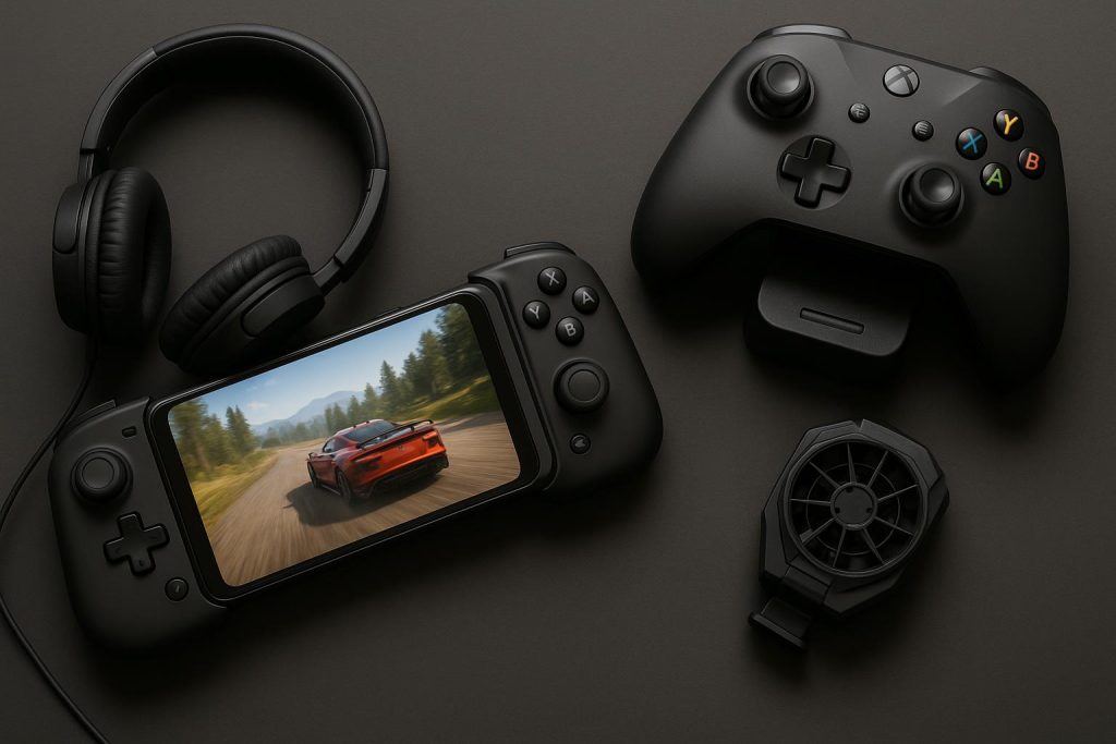 Top Android gaming accessories including controllers, headphones, and portable chargers displayed neatly