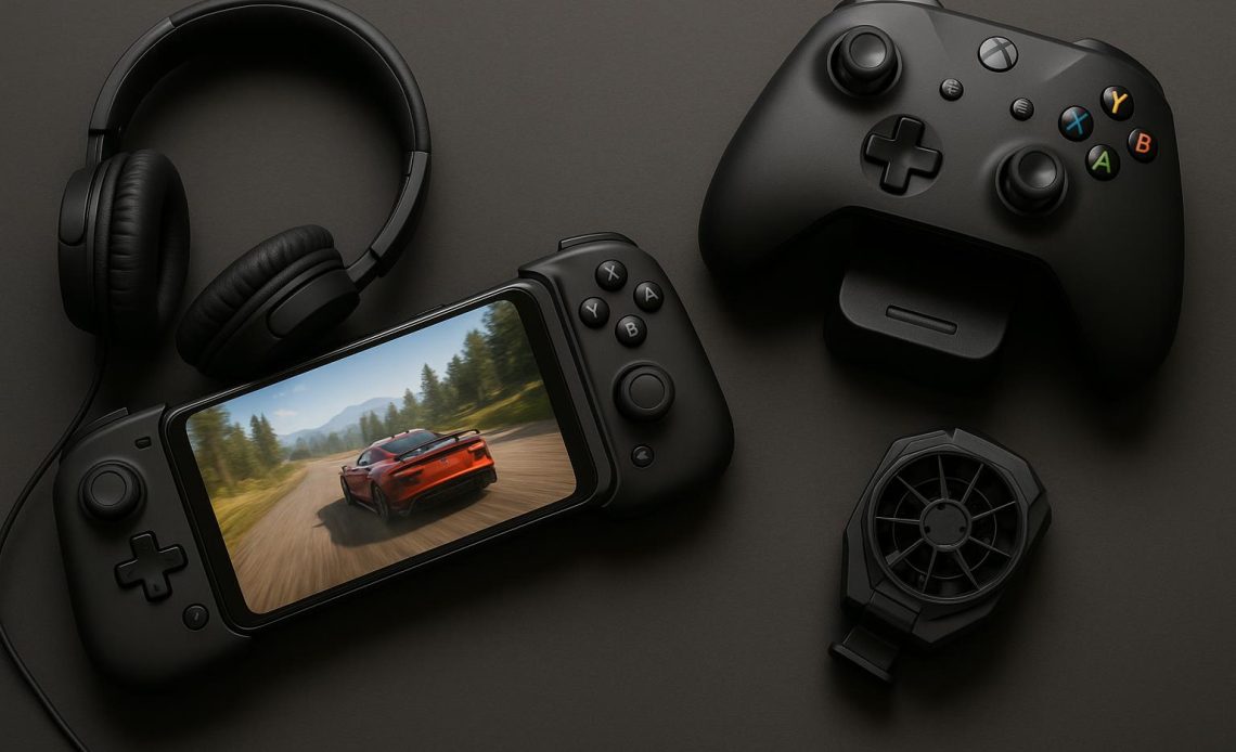 Top Android gaming accessories including controllers, headphones, and portable chargers displayed neatly