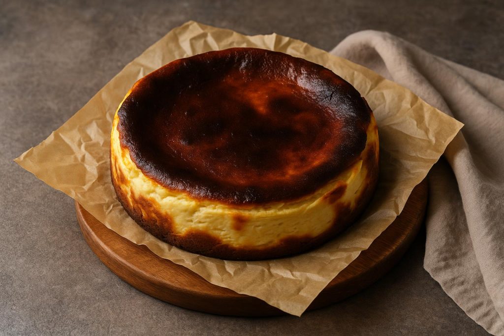 Burnt Basque cheesecake with caramelized top on rustic plate, highlighting global dessert trend