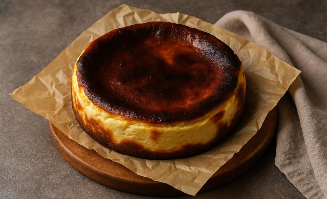 Burnt Basque cheesecake with caramelized top on rustic plate, highlighting global dessert trend