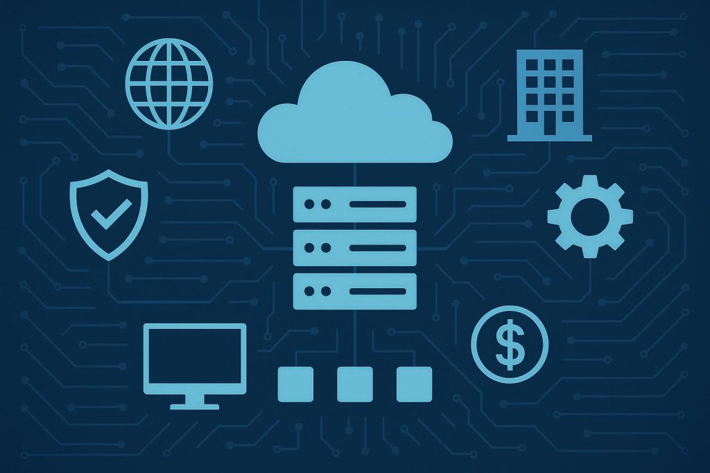 Modern data center with servers and cloud icons representing IT managed services for enterprises
