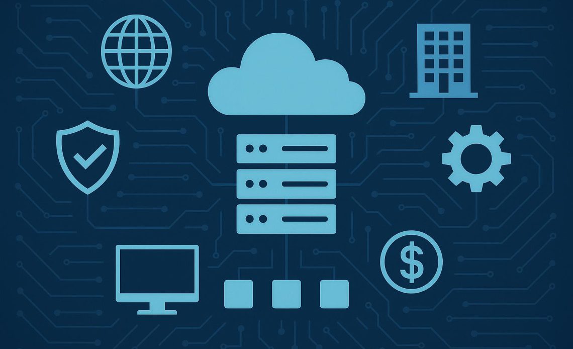 Modern data center with servers and cloud icons representing IT managed services for enterprises