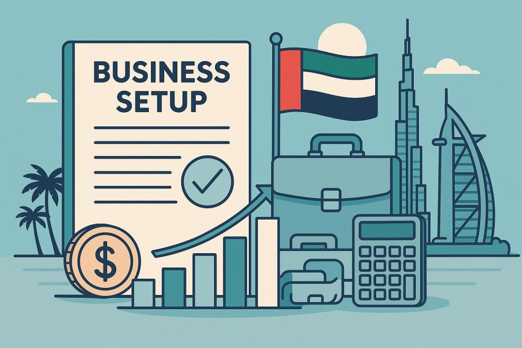 Modern Dubai skyline with prominent business towers, highlighting UAE business investment opportunities