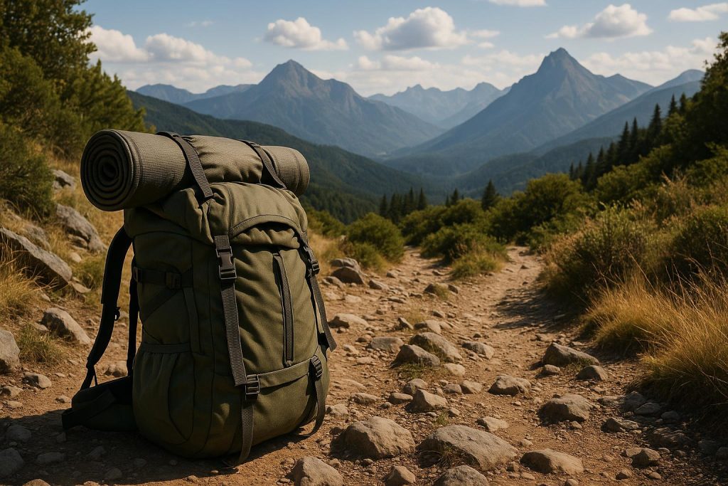 Hiker with backpack trekking a mountain trail, symbolizing physical and mental strength