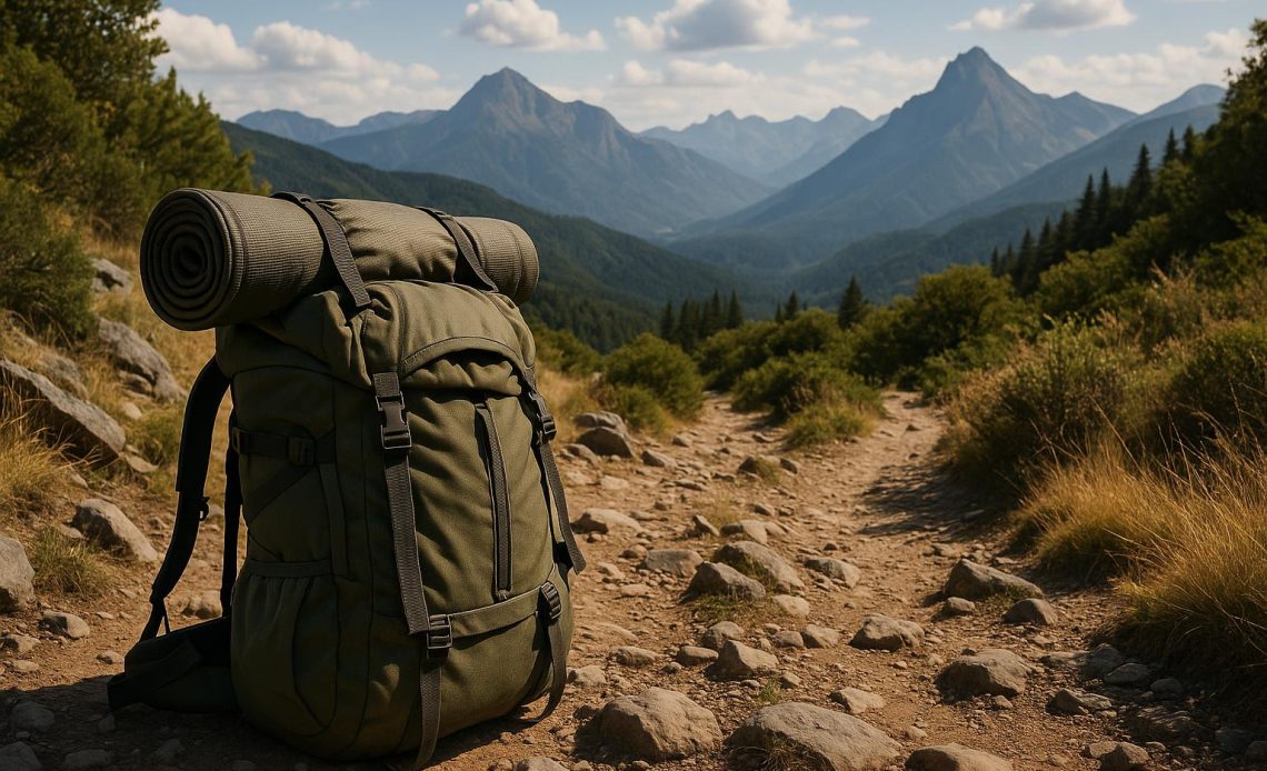 Hiker with backpack trekking a mountain trail, symbolizing physical and mental strength
