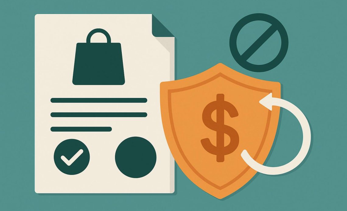 Refund policy document with declined credit card and warning symbol, illustrating chargeback fraud