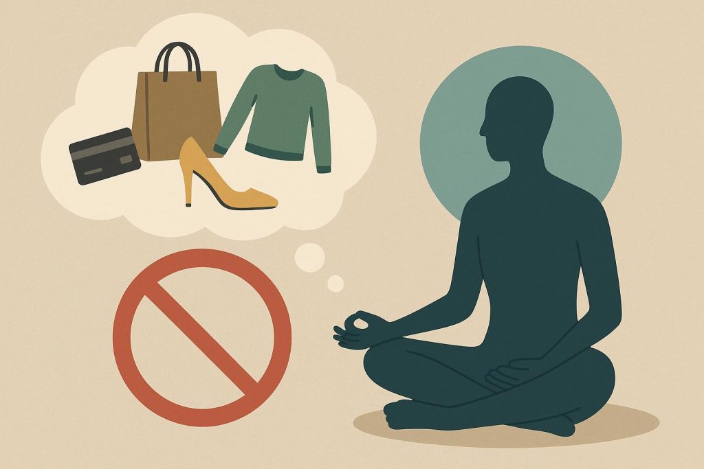 Person practicing mindfulness meditation while considering shopping choices to reduce impulse spending